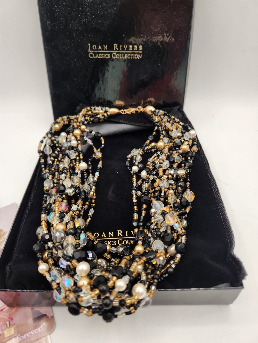 Joan Rivers Black, Gold & Crystal Multi-Strand Torsade Statement Necklace NOS